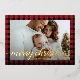 Moderne rote Gingham-Familienfoto-Weihnachtskarte  Folien Feiertagskarte