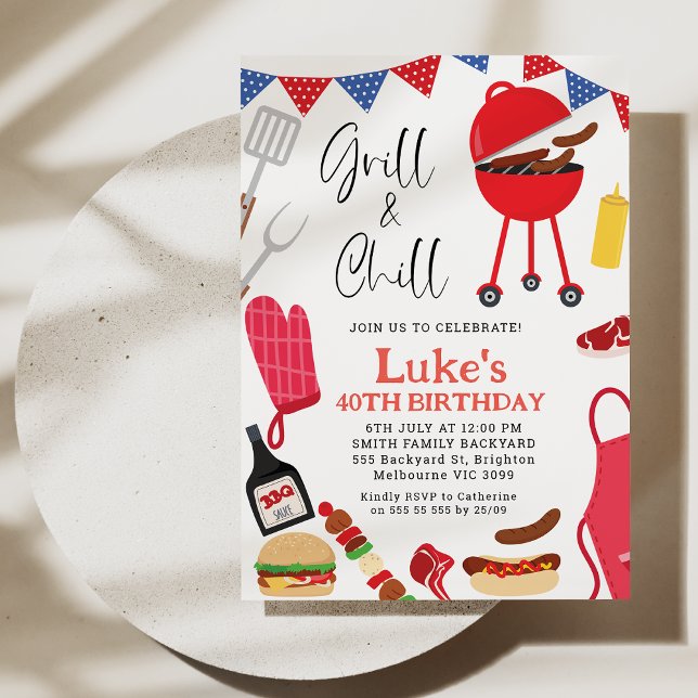 Moderne Rote Grill- und Kill-GRILLEN Einladung Geb (Chill and Grill BBQ Birthday Invitation Template, 4oth Birthday BBQ Backyard Birthday Invitation)
