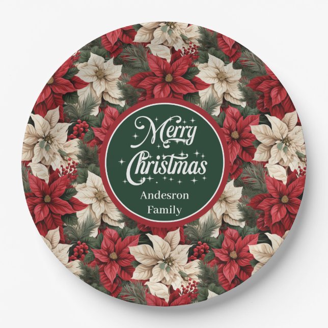 Moderne rote grüne Weihnachts-Blumen-Papierteller  Pappteller (Vorderseite)