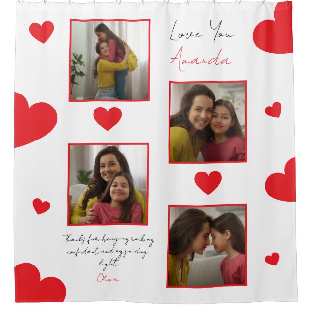 Moderne rote Herzen Geschwisterfoto Collage Duschvorhang (Vorderseite)