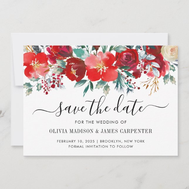 Moderne Rote Holly Berries Holiday Floral Wedding Save The Date (Vorderseite)