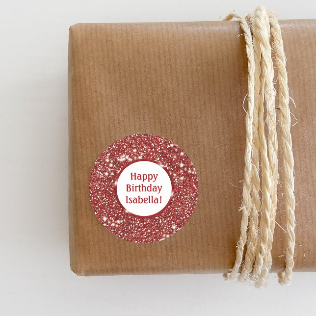 Moderne Rote Imitate Glitzer sieht Custom Happy Bi Runder Aufkleber (Ideal for decorating birthday presents or party favors, for example.)