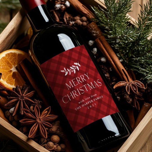 Moderne rote karierte rustikale Weihnachten Weinetikett (Modern red plaid rustic Christmas wine label.)