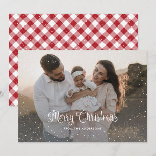 Moderne rote karierte Schneefoto-Weihnachtskarte Feiertagskarte
