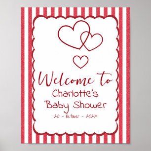 Moderne rote Kreidestreifen Dreifache Herzen Baby- Poster