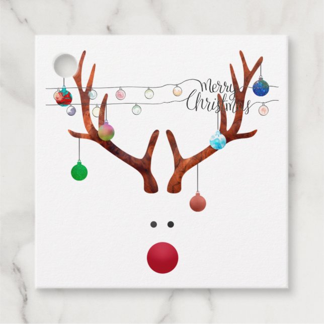 Moderne rote Nose Rentierfarbenleuchten Geschenkanhänger (Vorderseite)