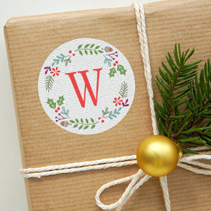 Moderne rote orangefarbene Monogramm-Weihnachtsgir Runder Aufkleber