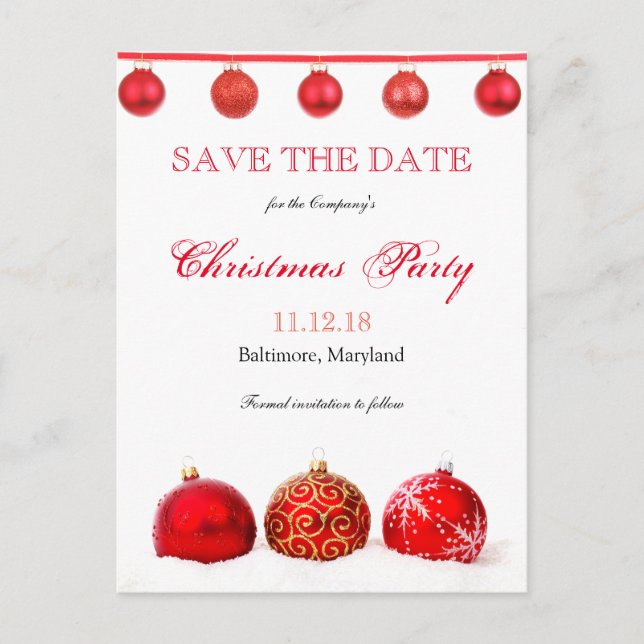 Moderne Rote Ornamente Save the Date Weihnachts-Pa Ankündigungspostkarte (Vorderseite)