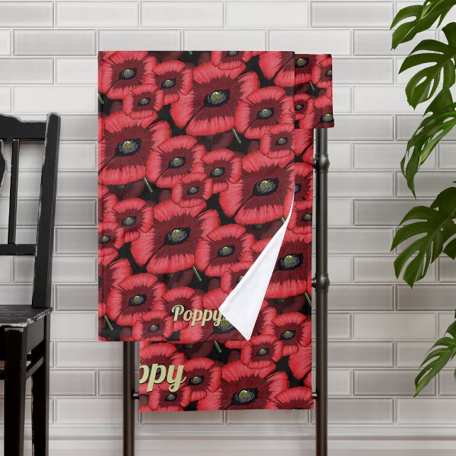 Moderne Rote Pfeffer Blumenbadehandtücher Badhandtuch Set (A red and black poppy pattern bath towel set with space for your name)