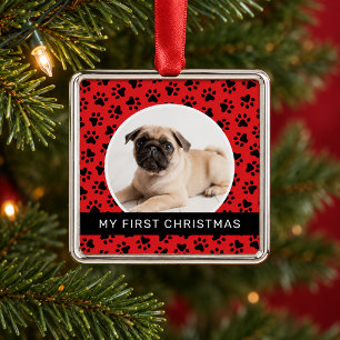 Moderne rote Pfotenabdruck-Welpen-Weihnachten-Foto Ornament Aus Metall