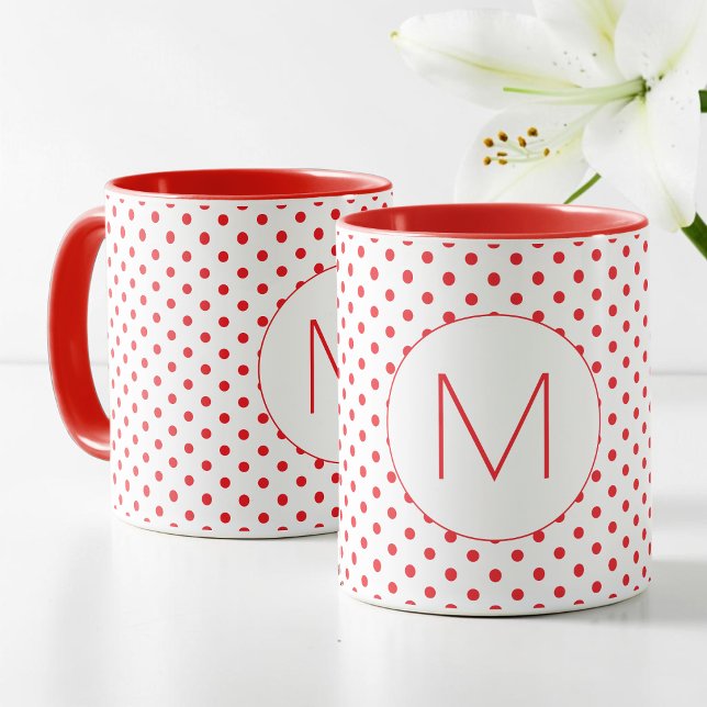 Moderne rote Punkte-Muster Süße Anfangsbuchstaben- Tasse (Modern Red Polka Dot Pattern Cute Initial Monogram Mug)