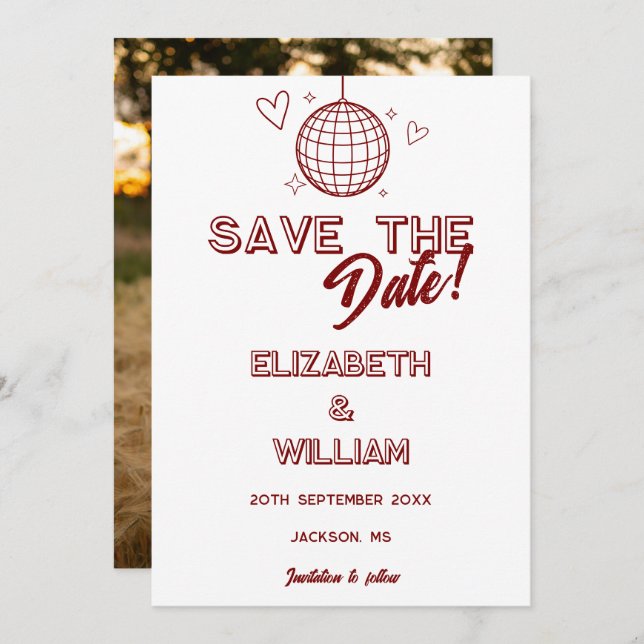 Moderne Rote Retro Disco Foto Hochzeit Save The Date (Vorne/Hinten)