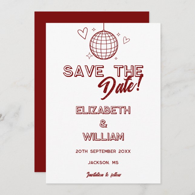 Moderne Rote Retro Disco Save The Date (Vorne/Hinten)
