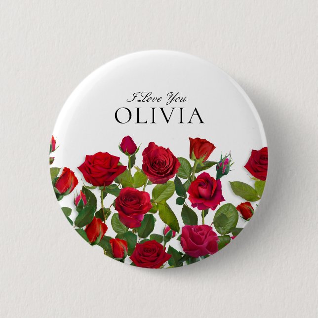 Moderne rote Rose Minimalistischer Name Ich liebe  Button (Vorderseite)