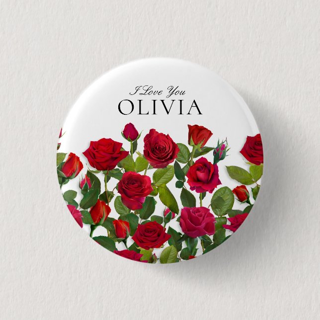 Moderne rote Rose Minimalistischer Name Ich liebe  Button (Vorderseite)