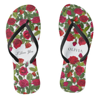 Moderne rote Rose Minimalistischer Name Ich liebe  Flip Flops