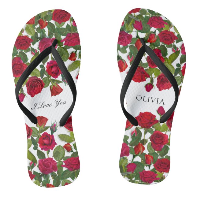 Moderne rote Rose Minimalistischer Name Ich liebe  Flip Flops (Fußbett)