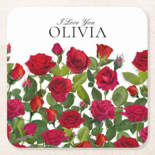Moderne rote Rose Minimalistischer Name Ich liebe Rechteckiger Pappuntersetzer