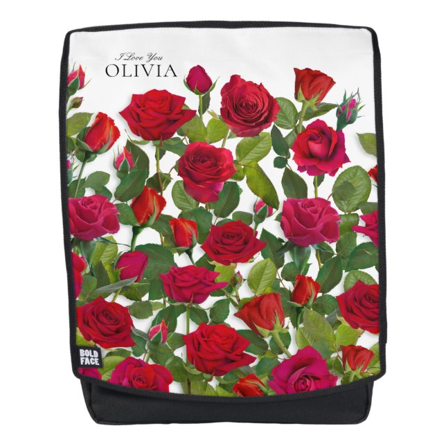 Moderne rote Rose Minimalistischer Name Ich liebe  Rucksack (Vorderseite)
