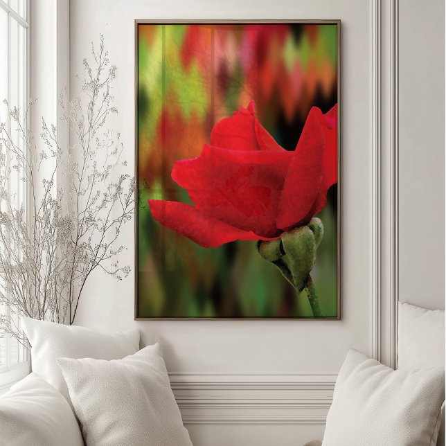 Moderne rote Rose mit hoher Polygonzahl | Botanisc Poster (High-poly red rose botanical wall art with vivid crimson petals and an abstract green background.)