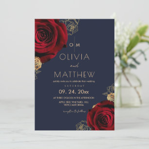 Moderne rote Rose und marineblaue florale Hochzeit Einladung