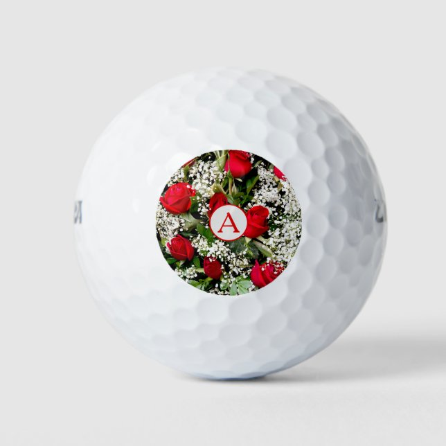 Moderne rote Rosen mit Monogramm Golfball (Vorderseite)