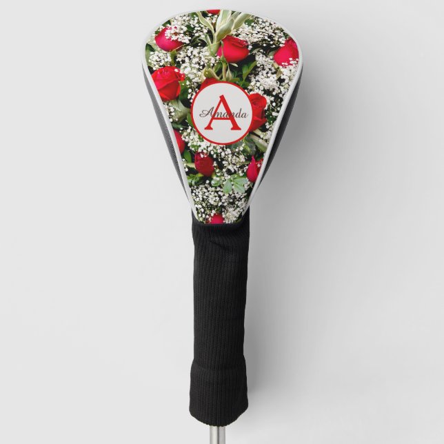 Moderne rote Rosen mit Monogramm und Name Golf Headcover (Vorderseite)