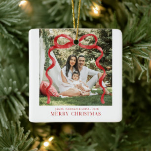Moderne rote Schleife Frohe Weihnachten Foto Keramikornament
