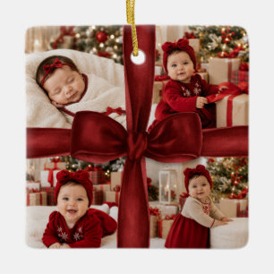 Moderne rote Schleife Mein erstes Weihnachts-Foto- Keramikornament