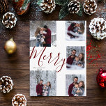 Moderne, rote Schrift 6 Foto Weihnachtscollage Feiertagskarte<br><div class="desc">Eine Uni von 5 Fotos wird rund um ein modernes lustiges Skript in der Mitte und eine benutzerdefinierte Nachricht gesammelt. Dieses einfache Design ist der Trend vorwärts und der perfekte Weg,  um ein Jahr voller Highlights mit Freunden und Familie zu teilen.</div>
