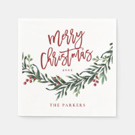 Moderne rote Schrift Frohe Weihnachtsgrün Serviette