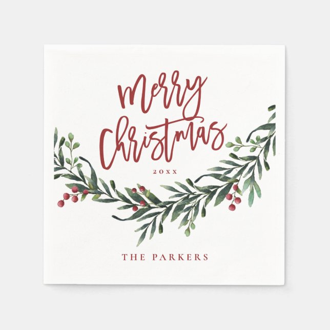 Moderne rote Schrift Frohe Weihnachtsgrün Serviette (Vorderseite)