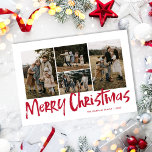 Moderne Rote Schrift Vier Foto Frohe Weihnachten<br><div class="desc">Die Red Modern Lettering Four Foto Merry Christmas Holiday Card zeichnet sich durch vier Fotos vorne und ein festliches Urlaubsmuster auf der Rückseite aus.</div>