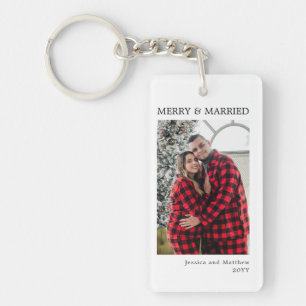Moderne rote schwarze Gingham-Foto Hochzeit und Ve Schlüsselanhänger