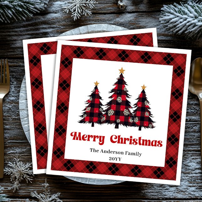 Moderne rote schwarze Karo-Weihnachtsbaumserviette Serviette (Modern Red Black Plaid Tree Napkin Custom)