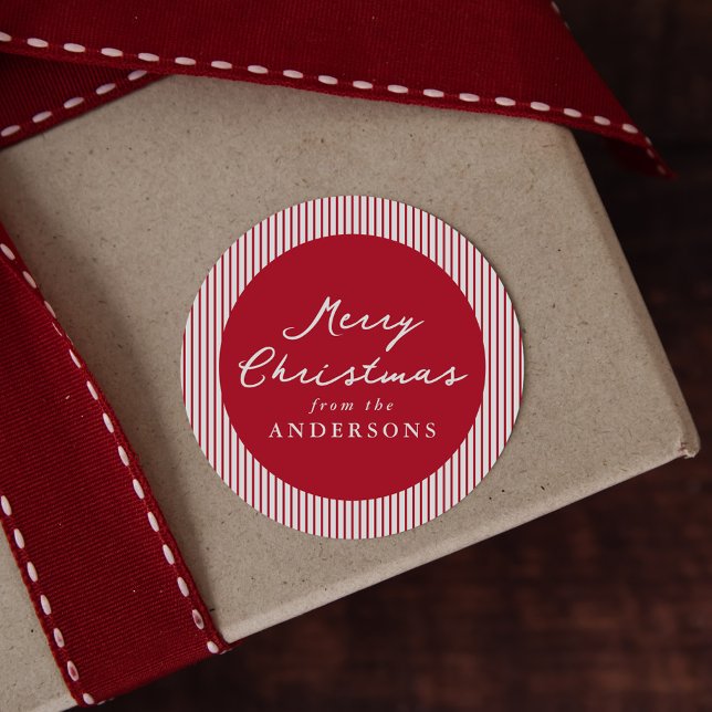 Moderne rote Streifen Frohe Weihnachten Runder Aufkleber (Von Creator hochgeladen)