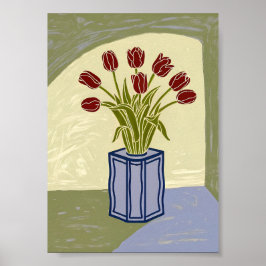 Moderne rote Tulpen in blauem quadratischen Vasen  Poster
