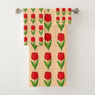 Moderne rote Tulpenblumenmuster auf Orange Badhandtuch Set