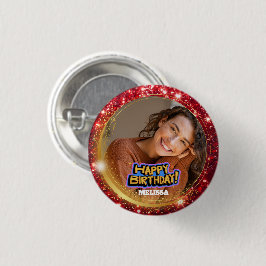 Moderne rote und goldene Glitter-Foto-Name-Geburts Button