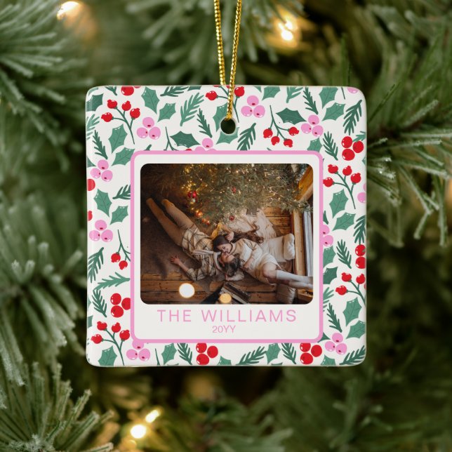 Moderne Rote und grüne Weihnachtsblume 2 Fotos Keramikornament (Baum)