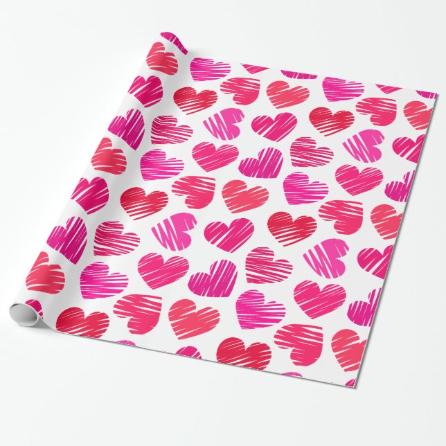 Moderne rote und rosa doodled Hearts Valentine Geschenkpapier (Ungerollt)