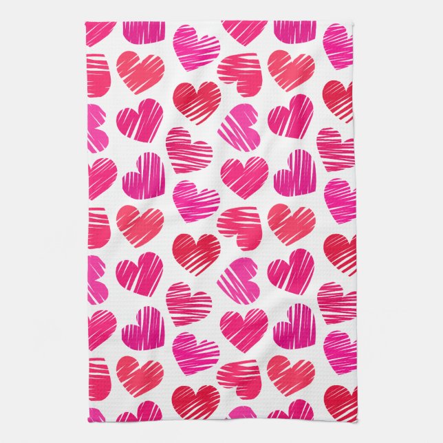 Moderne rote und rosa doodled Hearts Valentine Handtuch (Vertikal)