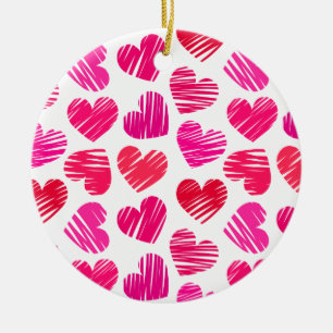 Moderne rote und rosa doodled Hearts Valentine Keramikornament