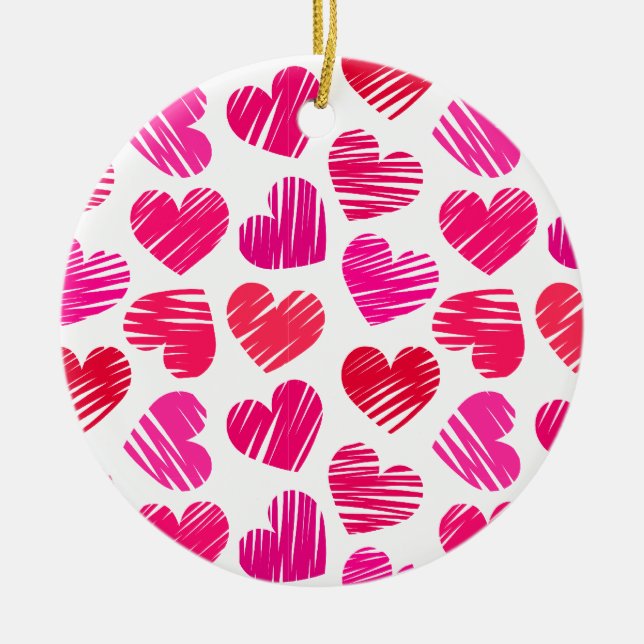 Moderne rote und rosa doodled Hearts Valentine Keramikornament (Vorne)