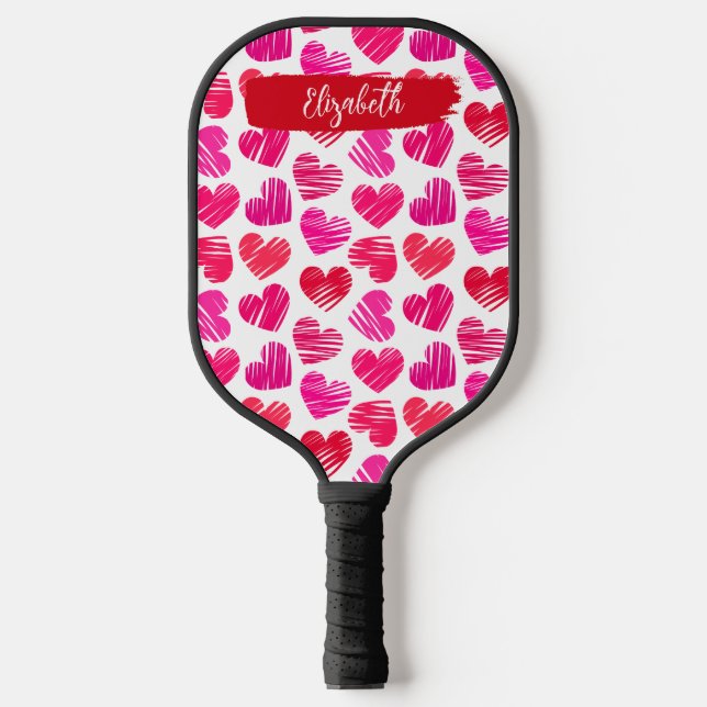 Moderne rote und rosa doodled Herzen Valentine Nam Pickleball Schläger (Vorderseite)