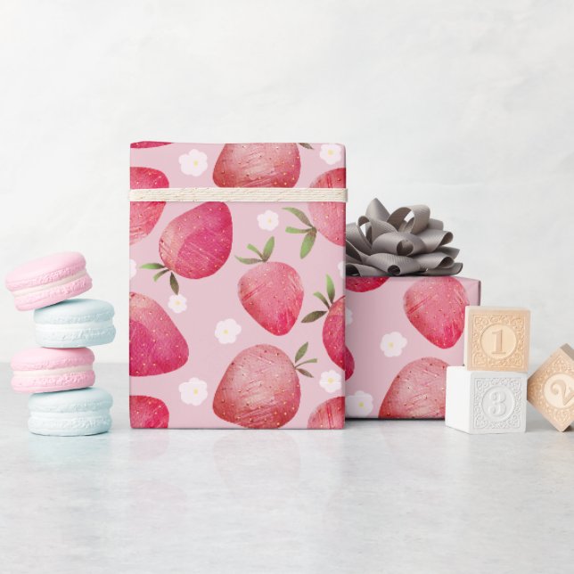 Moderne rote und rosa Wasserfarbe-Erdbeer-Muster Geschenkpapier (Babyparty)