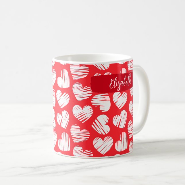 Moderne rote und weiße doodled Herz Valentine Name Kaffeetasse (VorderseiteRechts)