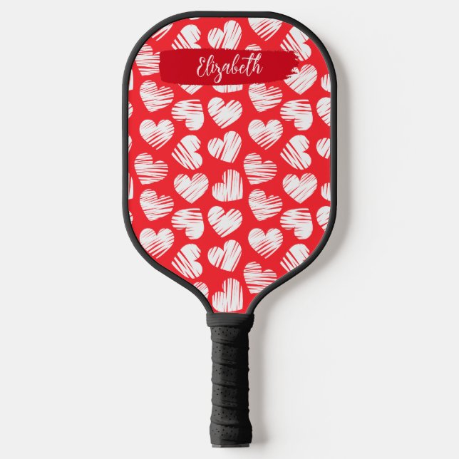 Moderne rote und weiße doodled Herz Valentine Name Pickleball Schläger (Vorderseite)
