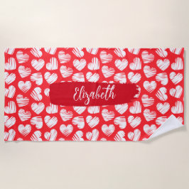 Moderne rote und weiße doodled Herz Valentine Name Strandtuch