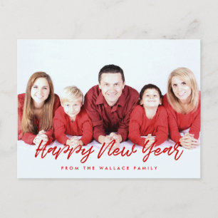 Moderne rote und weiße Happy New Year Familienfoto Postkarte